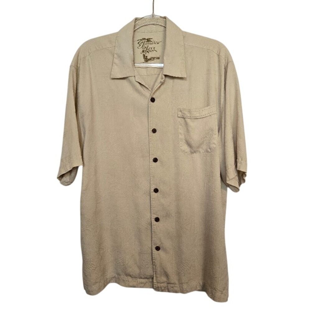 Jamaica Jaxx Mens Beige Silk Jacquard Short Sleeve‎ Button Up Shirt L G